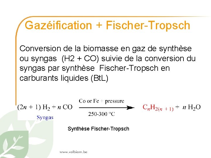 Gazéification + Fischer-Tropsch Conversion de la biomasse en gaz de synthèse ou syngas (H