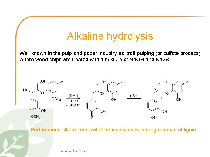 Alkaline hydrolysis Well known in the pulp and paper industry as kraft pulping (or