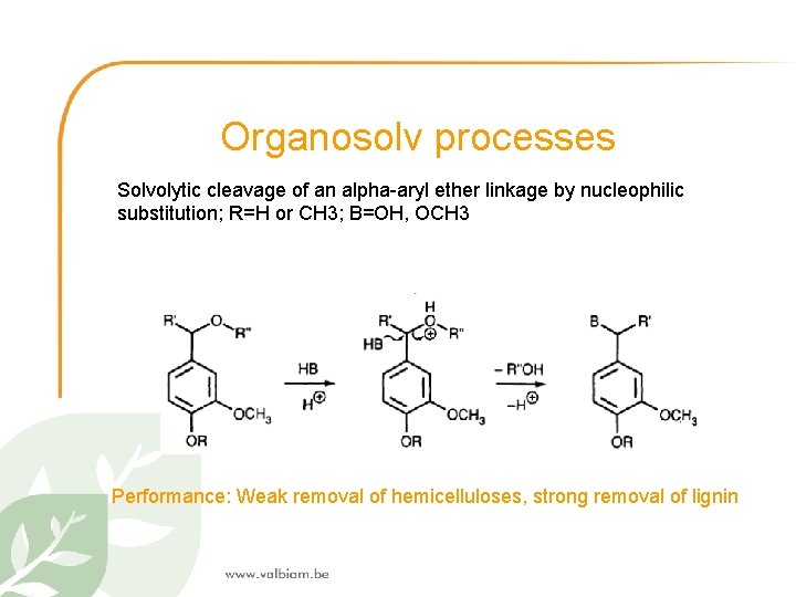 Organosolv processes Solvolytic cleavage of an alpha-aryl ether linkage by nucleophilic substitution; R=H or