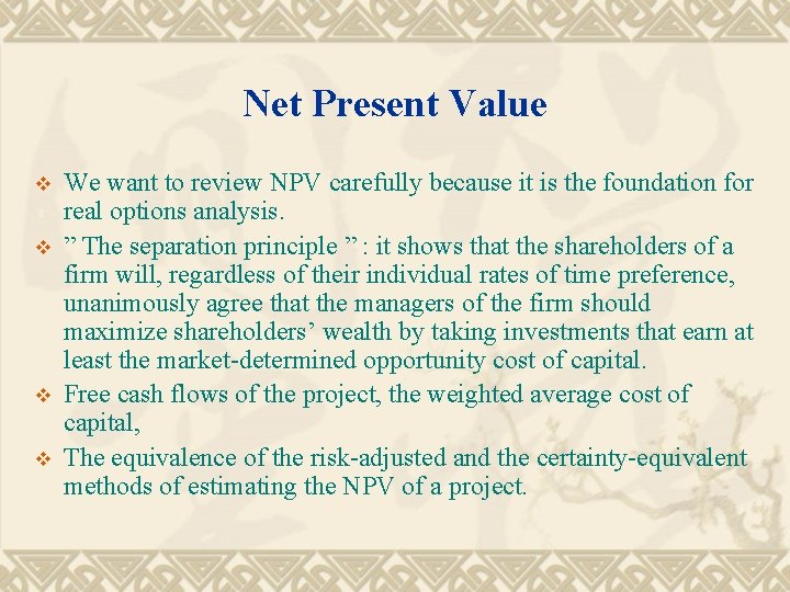 Net Present Value v v We want to review NPV carefully because it is