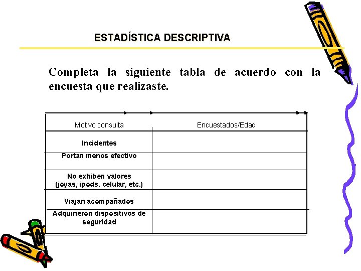 ESTADÍSTICA DESCRIPTIVA Completa la siguiente tabla de acuerdo con la encuesta que realizaste. Motivo