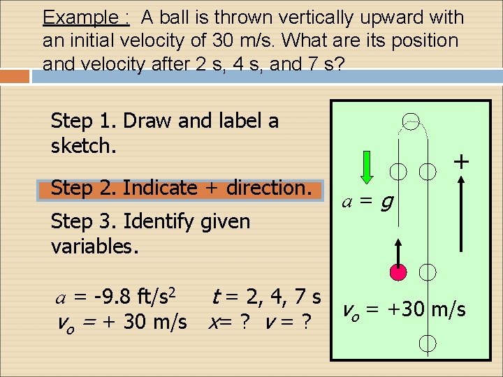Example : A ball is thrown vertically upward with an initial velocity of 30 Example : A ball is thrown vertically upward with an initial velocity of 30