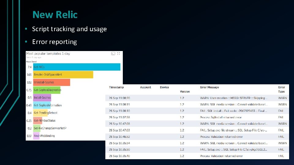 New Relic • Script tracking and usage • Error reporting 