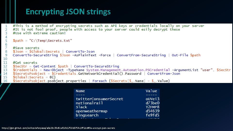 Encrypting JSON strings https: //gist. github. com/willcodeforpizza/a 0 a 29 c 36 d 6