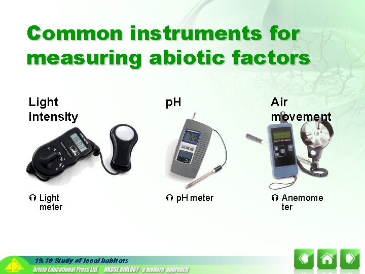 Common instruments for measuring abiotic factors Light intensity p. H Air movement Light meter