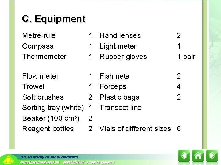 C. Equipment Metre-rule Compass Thermometer 1 Hand lenses 1 Light meter 1 Rubber gloves