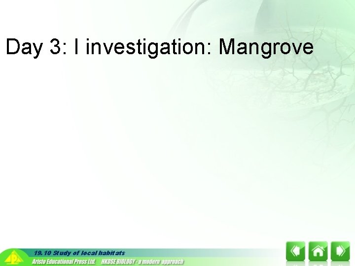 Day 3: I investigation: Mangrove 19. 10 Study of local habitats 