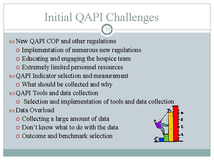 Initial QAPI Challenges 10 New QAPI COP and other regulations Implementation of numerous new