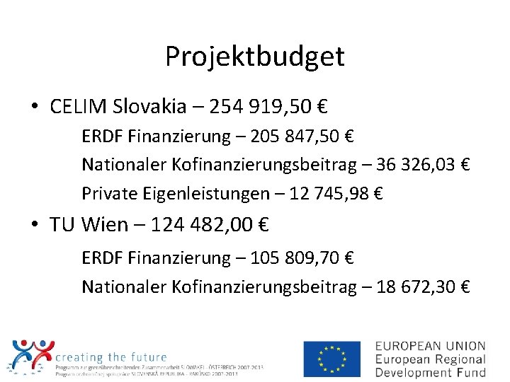 Projektbudget • CELIM Slovakia – 254 919, 50 € ERDF Finanzierung – 205 847,