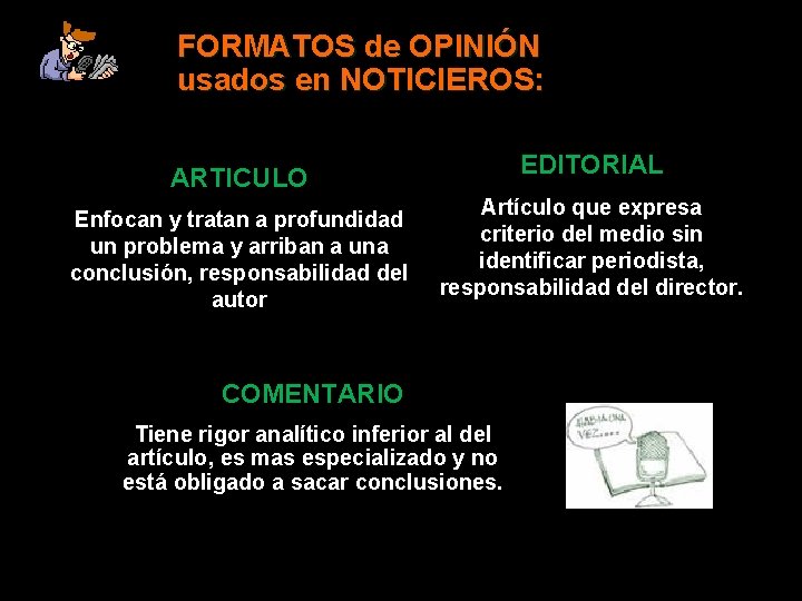 FORMATOS de OPINIÓN usados en NOTICIEROS: EDITORIAL ARTICULO Enfocan y tratan a profundidad un