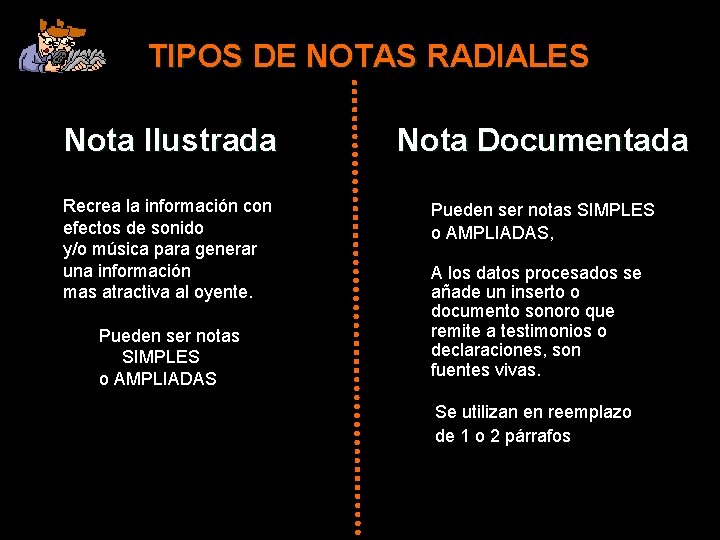 TIPOS DE NOTAS RADIALES Nota Ilustrada Nota Documentada Recrea la información con efectos de