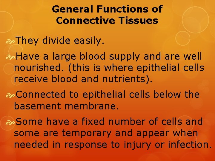 General Functions of Connective Tissues They divide easily. Have a large blood supply and