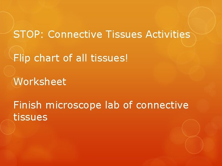 STOP: Connective Tissues Activities Flip chart of all tissues! Worksheet Finish microscope lab of