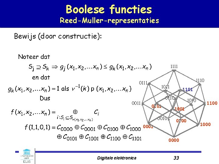 Boolese functies Reed-Muller-representaties Bewijs (door constructie): 1111 1110 0111 0011 1101 0110 0101 0010