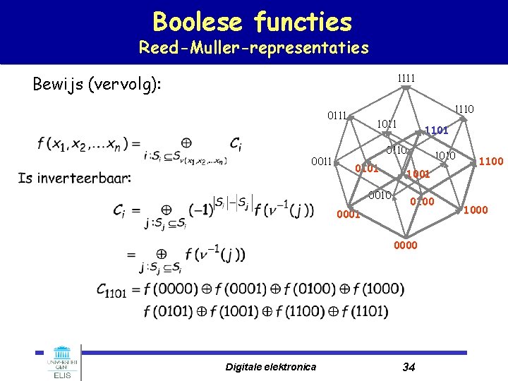 Boolese functies Reed-Muller-representaties 1111 Bewijs (vervolg): 1110 0111 0011 1101 0110 0101 0010 0001