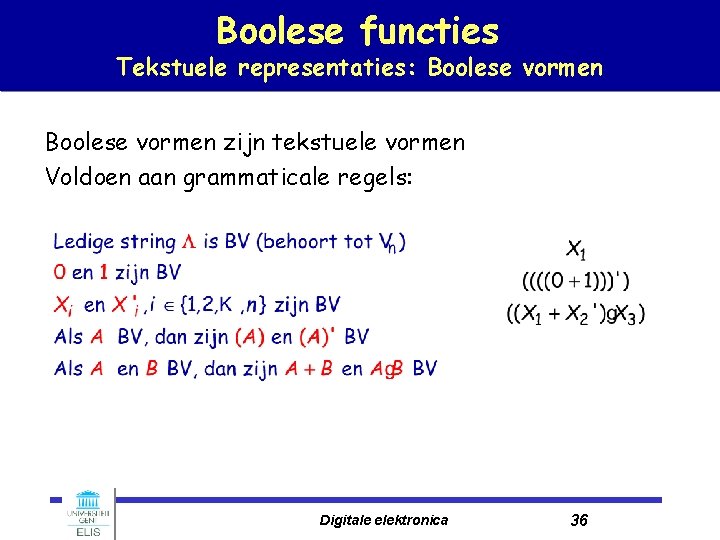 Boolese functies Tekstuele representaties: Boolese vormen zijn tekstuele vormen Voldoen aan grammaticale regels: Digitale