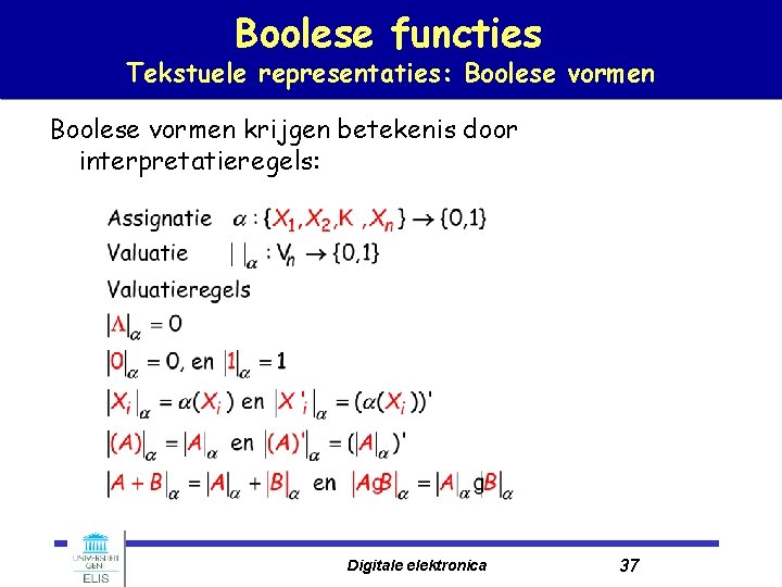Boolese functies Tekstuele representaties: Boolese vormen krijgen betekenis door interpretatieregels: Digitale elektronica 37 