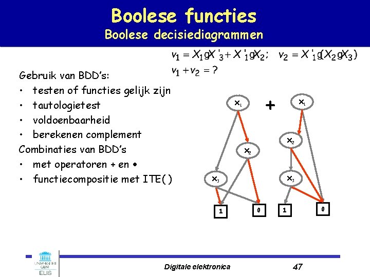 Boolese functies Boolese decisiediagrammen Gebruik van BDD’s: • testen of functies gelijk zijn •