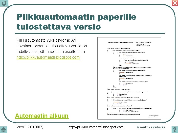 Pilkkuautomaatin paperille tulostettava versio Pilkkuautomaatti vuokaaviona: A 4 kokoinen paperille tulostettava versio on ladattavissa