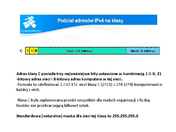 Adres klasy C posiada trzy najważniejsze bity ustawione w kombinację 1 -1 -0, 21