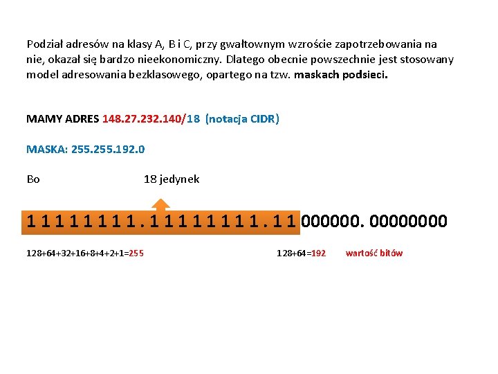 Podział adresów na klasy A, B i C, przy gwałtownym wzroście zapotrzebowania na nie,