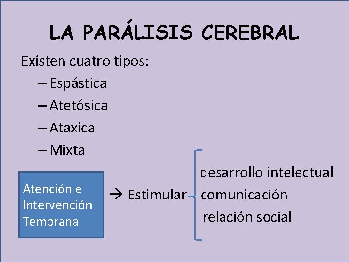 LA PARÁLISIS CEREBRAL Existen cuatro tipos: – Espástica – Atetósica – Ataxica – Mixta