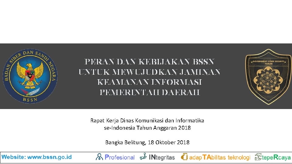 PERAN DAN KEBIJAKAN BSSN UNTUK MEWUJUDKAN JAMINAN KEAMANAN INFORMASI PEMERINTAH DAERAH Rapat Kerja Dinas