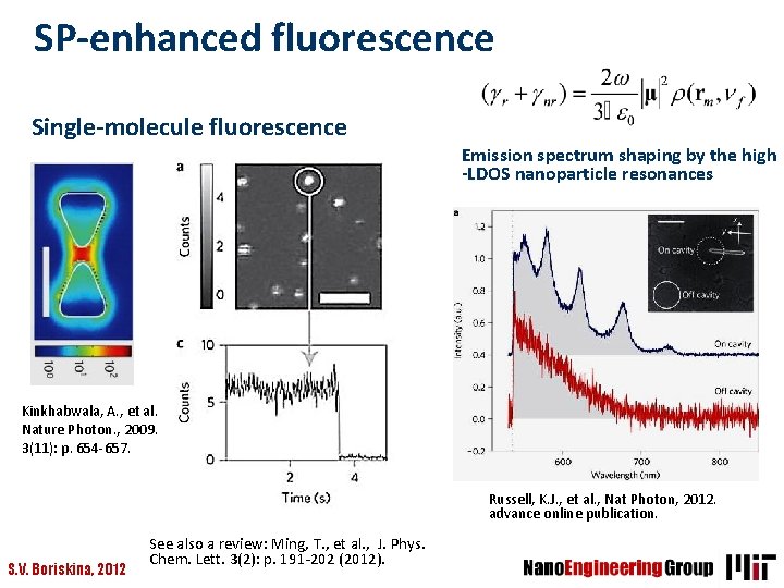 SP-enhanced fluorescence Single-molecule fluorescence Emission spectrum shaping by the high -LDOS nanoparticle resonances Kinkhabwala,