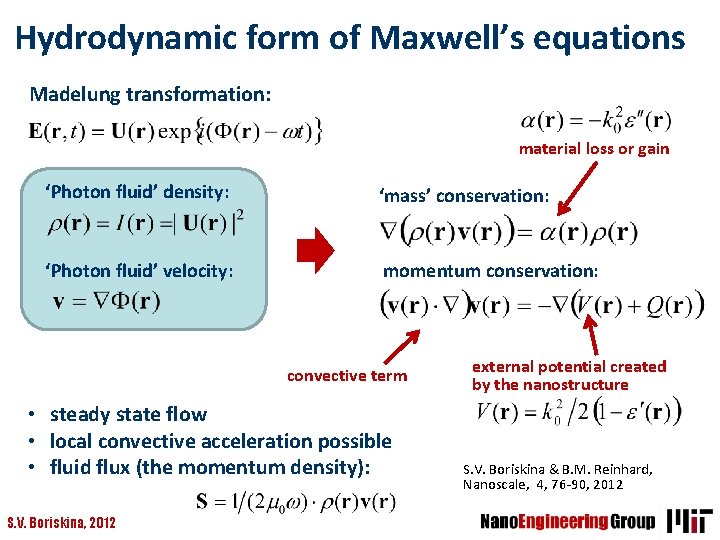 Hydrodynamic form of Maxwell’s equations Madelung transformation: material loss or gain ‘Photon fluid’ density: