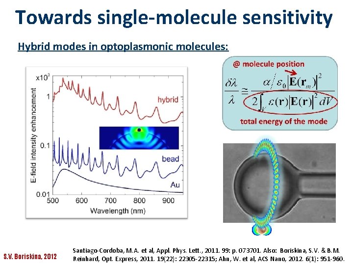 Towards single-molecule sensitivity Hybrid modes in optoplasmonic molecules: S. V. Boriskina, 2012 Santiago-Cordoba, M.