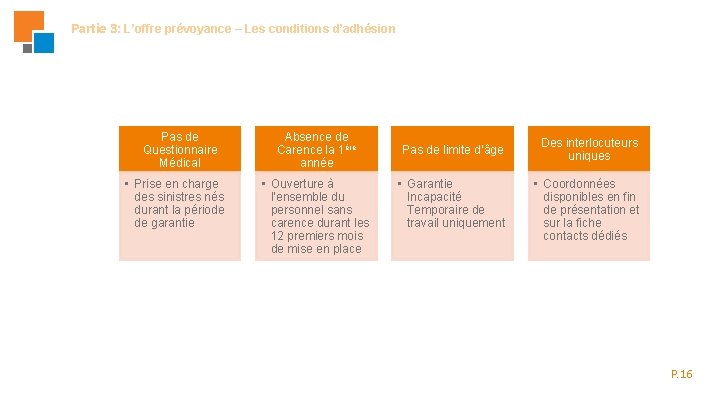 Partie 3: L’offre prévoyance – Les conditions d’adhésion Pas de Questionnaire Médical • Prise Partie 3: L’offre prévoyance – Les conditions d’adhésion Pas de Questionnaire Médical • Prise