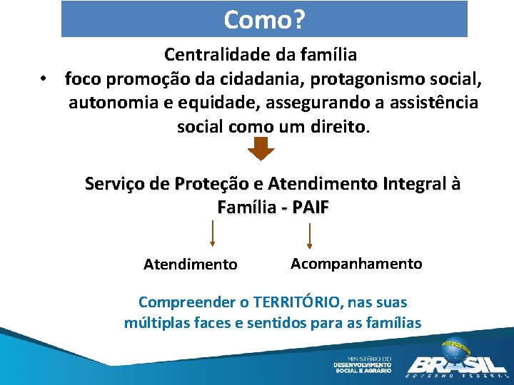 Como? Centralidade da família • foco promoção da cidadania, protagonismo social, autonomia e equidade,