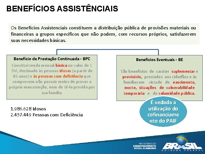 BENEFÍCIOS ASSISTÊNCIAIS Os Benefícios Assistenciais constituem a distribuição pública de provisões materiais ou financeiras