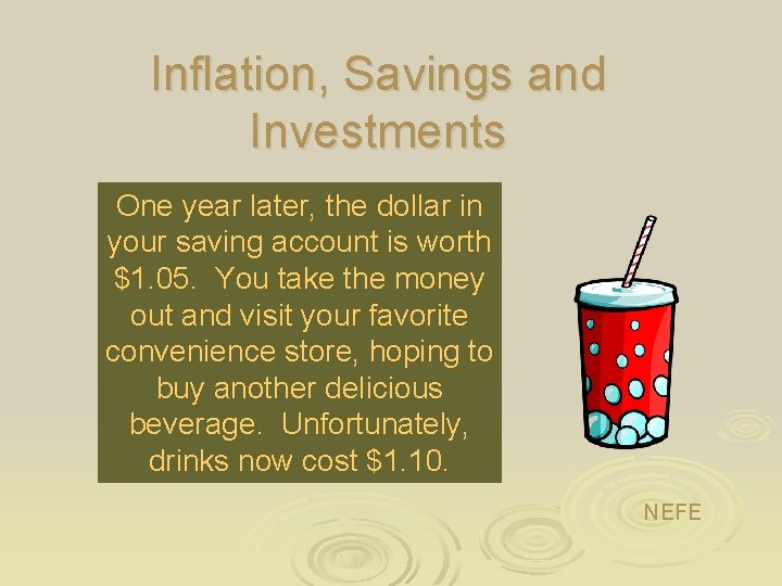 Inflation, Savings and Investments One year later, the dollar in your saving account is