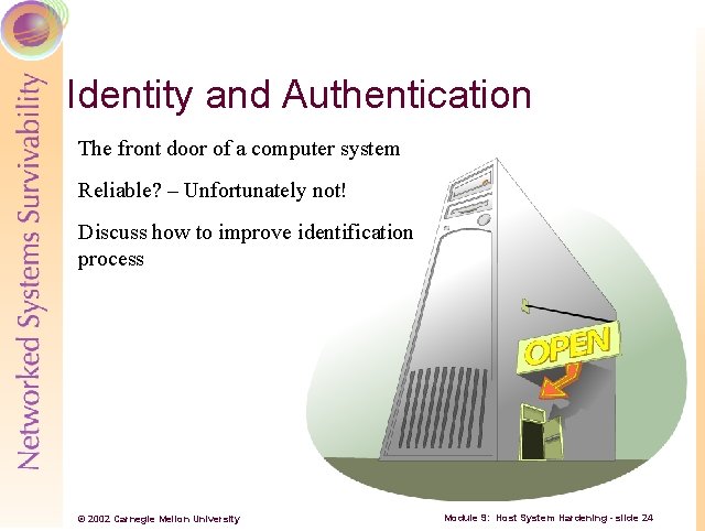 Identity and Authentication The front door of a computer system Reliable? – Unfortunately not!