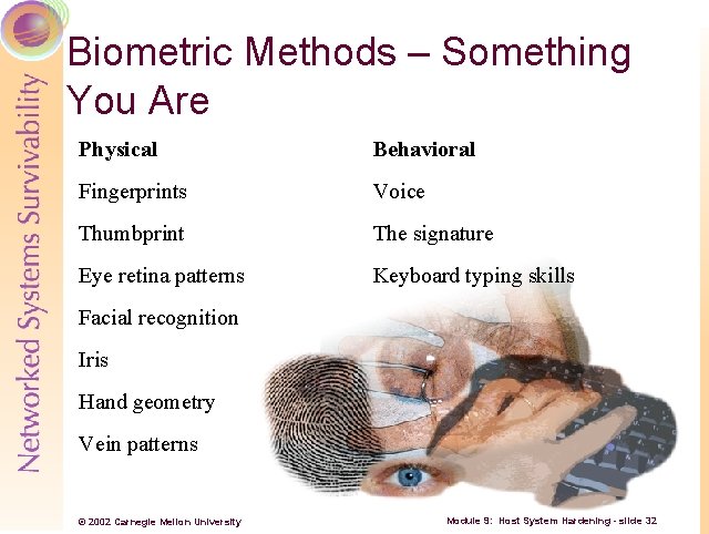 Biometric Methods – Something You Are Physical Behavioral Fingerprints Voice Thumbprint The signature Eye