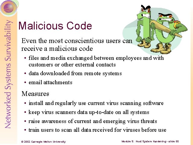 Malicious Code Even the most conscientious users can receive a malicious code • files