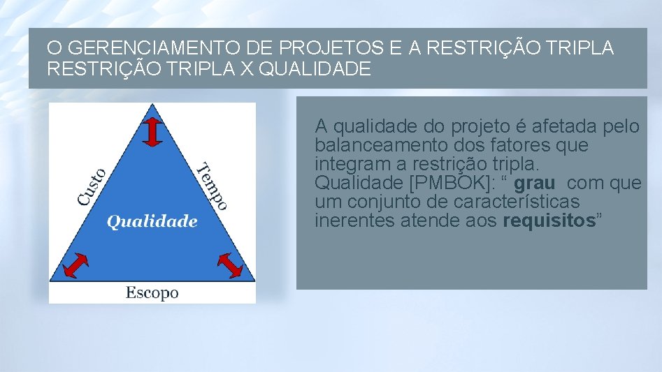 O GERENCIAMENTO DE PROJETOS E A RESTRIÇÃO TRIPLA X QUALIDADE A qualidade do projeto