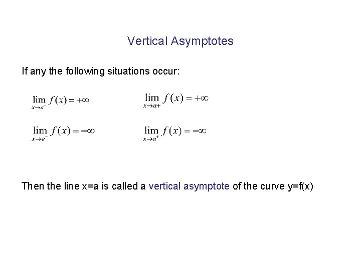 Vertical Asymptotes If any the following situations occur: Then the line x=a is called