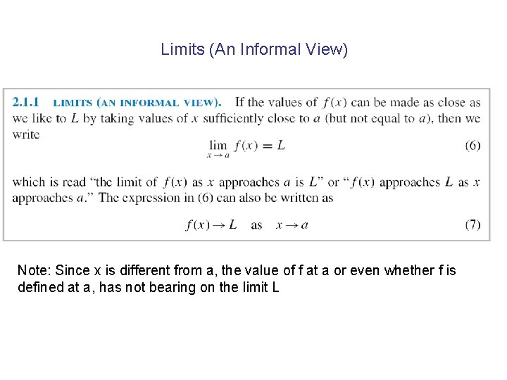 Limits (An Informal View) Note: Since x is different from a, the value of