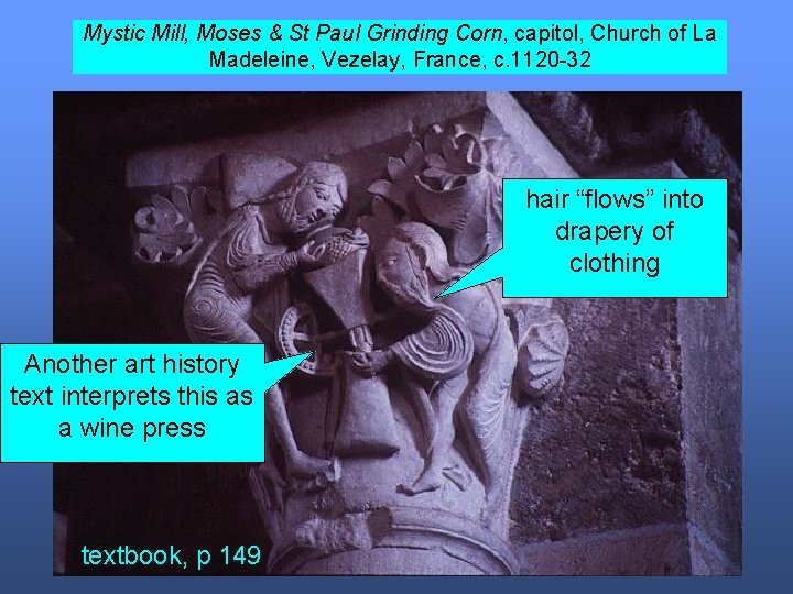 Mystic Mill, Moses & St Paul Grinding Corn, capitol, Church of La Madeleine, Vezelay,