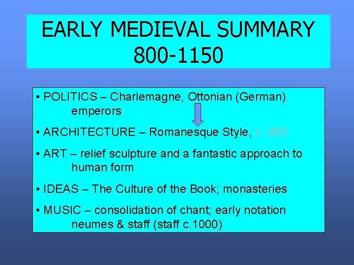 EARLY MEDIEVAL SUMMARY 800 -1150 • POLITICS – Charlemagne, Ottonian (German) emperors • ARCHITECTURE