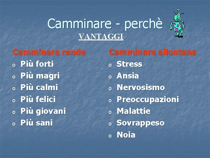 Camminare - perchè VANTAGGI Camminare rende o Più forti o Più magri o Più