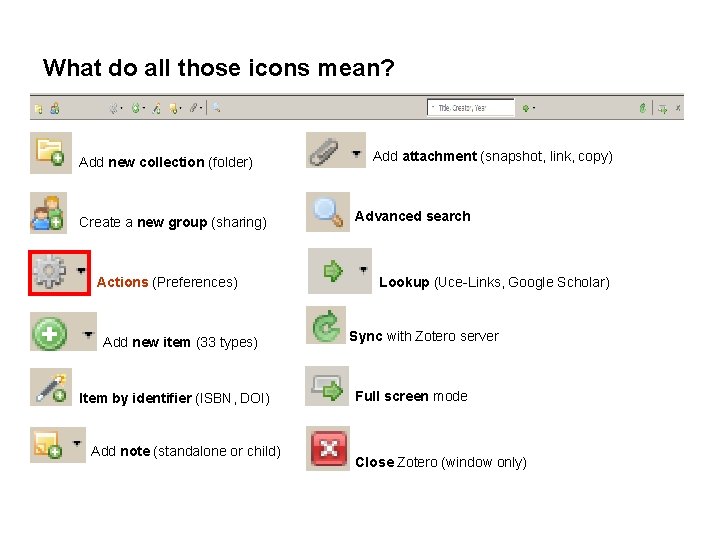What do all those icons mean? Add new collection (folder) Create a new group