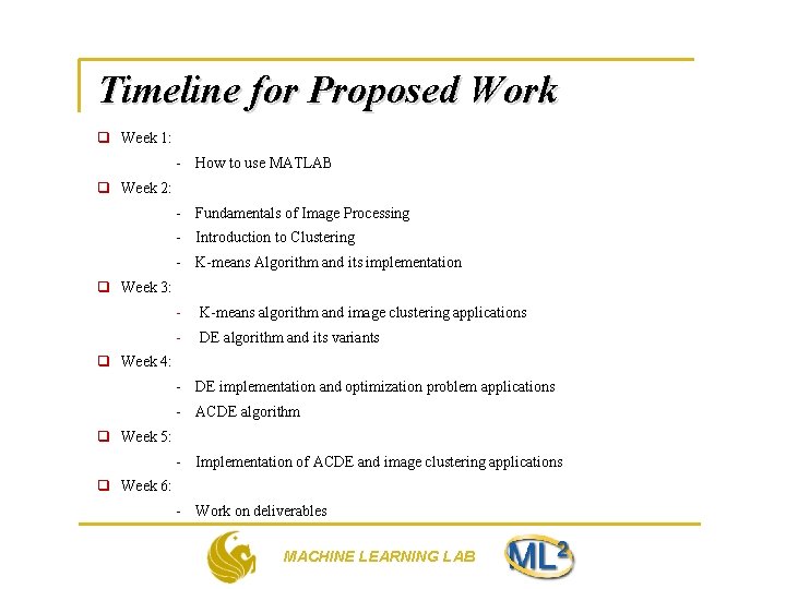 Timeline for Proposed Work q Week 1: - How to use MATLAB q Week