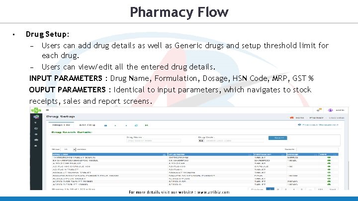 Pharmacy Flow • Drug Setup: – Users can add drug details as well as