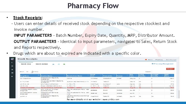 Pharmacy Flow Stock Receipts: - Users can enter details of received stock depending on