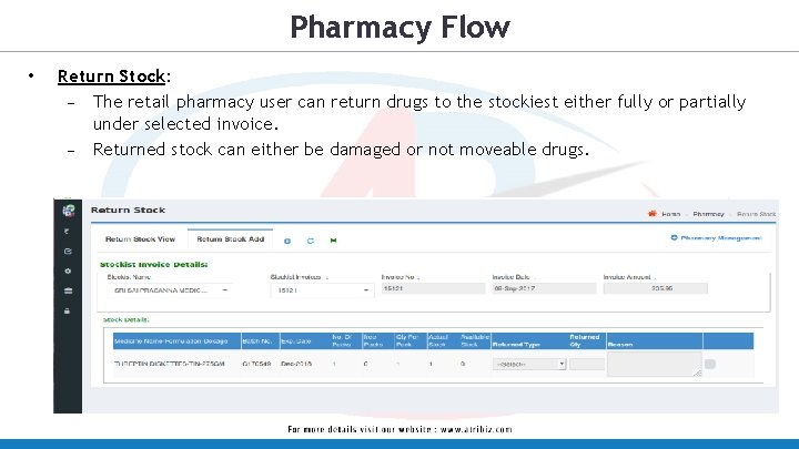 Pharmacy Flow • Return Stock: – The retail pharmacy user can return drugs to