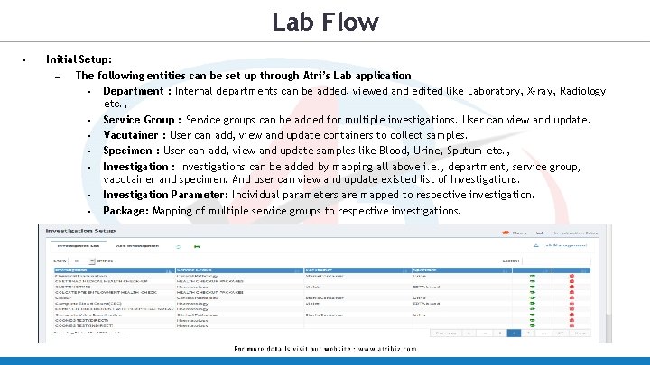 Lab Flow • Initial Setup: – The following entities can be set up through