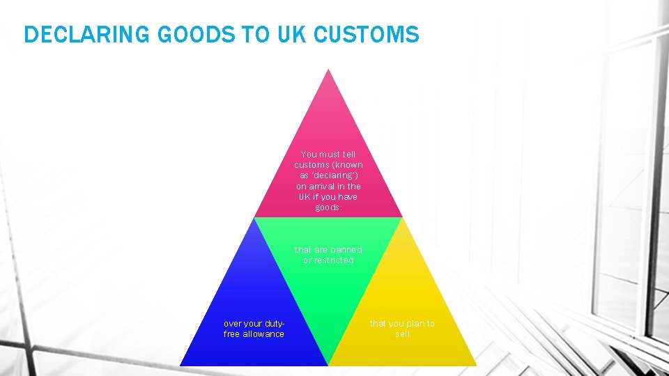 DECLARING GOODS TO UK CUSTOMS You must tell customs (known as ‘declaring’) on arrival